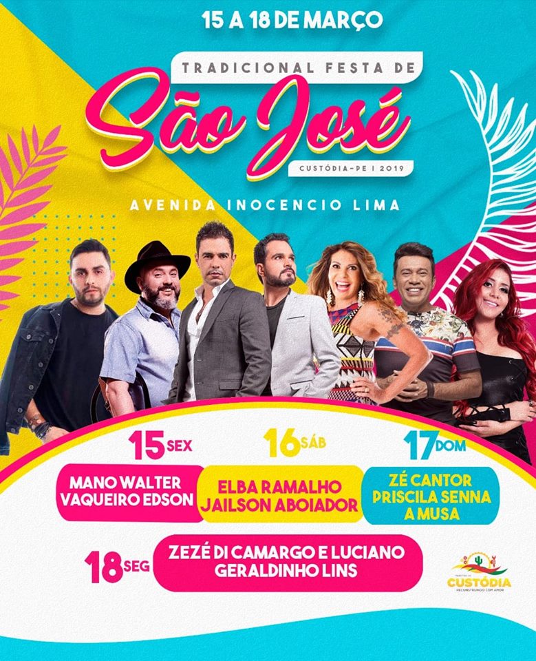 Mano Walter, Elba Ramalho e Zezé Di Camargo & Luciano estão na programação da Festa de Março de Custódia
