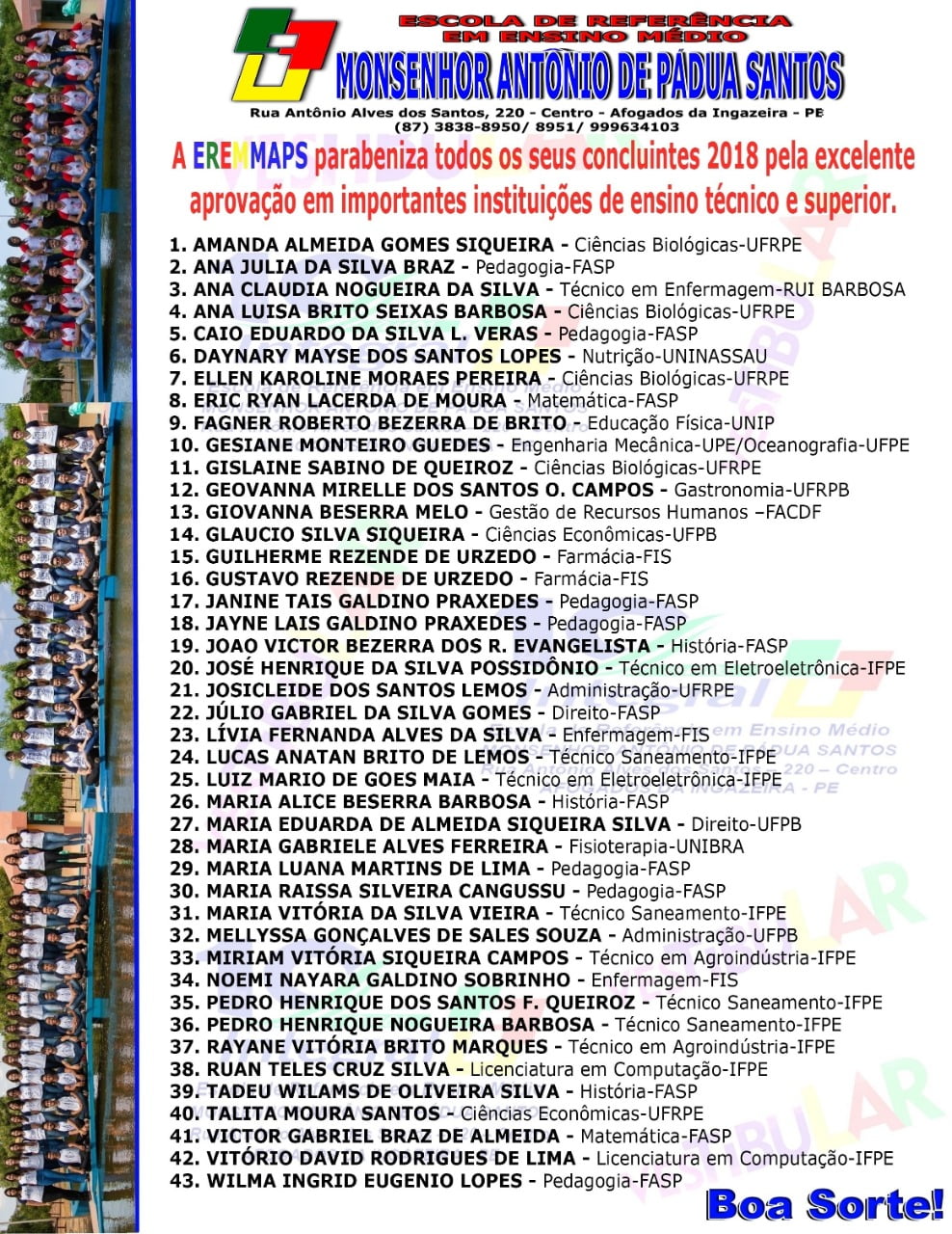 EREMMAPS se destaca em aprovação de alunos em instituições técnicas e superiores