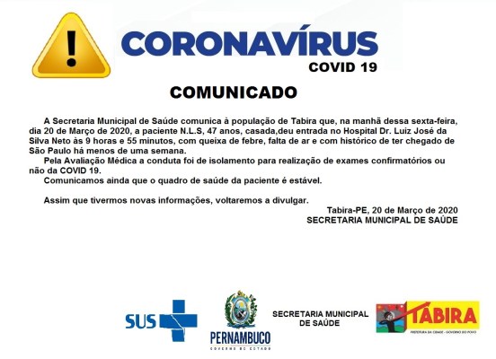 Secretaria de Saúde de Tabira investiga caso suspeito de Coronavírus