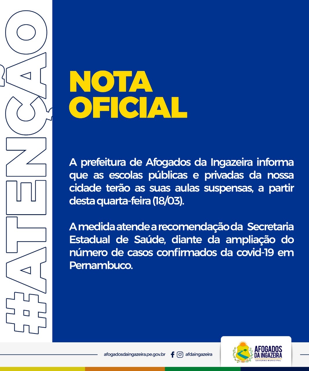 Prefeitura de Afogados informa que escolas públicas e privadas terão aulas suspensas a partir desta quarta (18)
