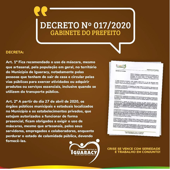 Uso de máscaras será obrigatório em Iguaracy