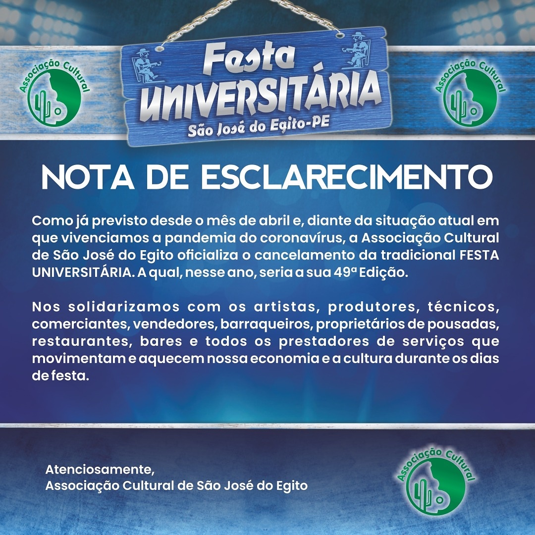 Edição 2020 da Festa Universitária de São José do Egito é cancelada