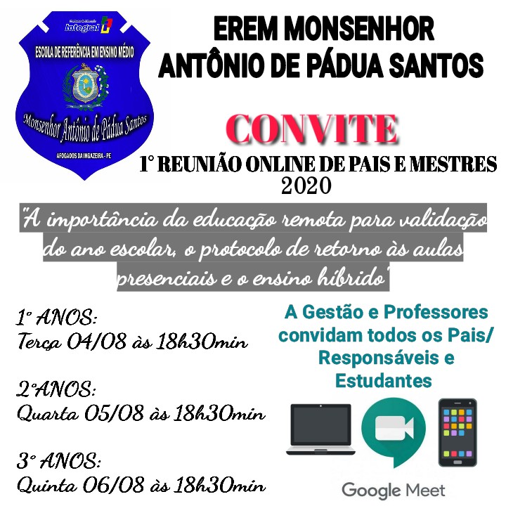 EREM Monsenhor vai realizar reunião online com pais e mestres