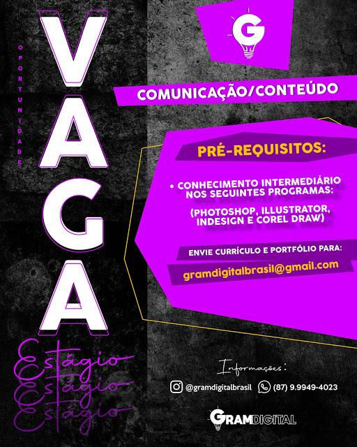 Agência Gramdigital Brasil abre vagas de estágio para Designer e Criador de conteúdos para redes sociais