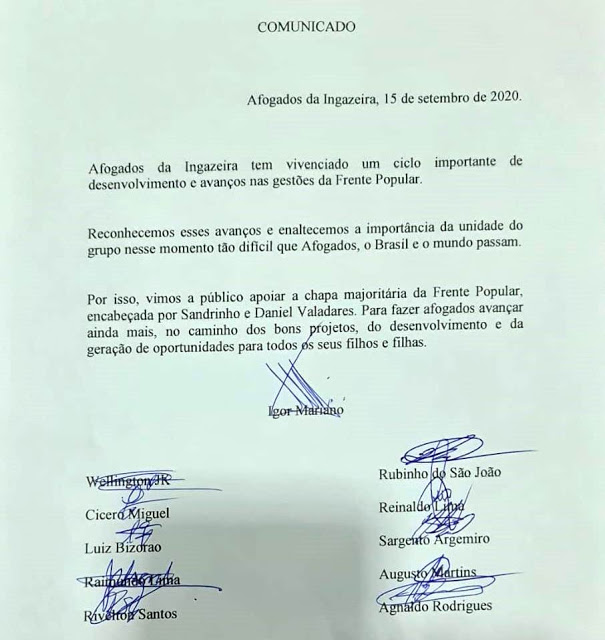 Vereadores da Frente Popular declaram apoio a chapa formada por Sandrinho e Daniel Valadares