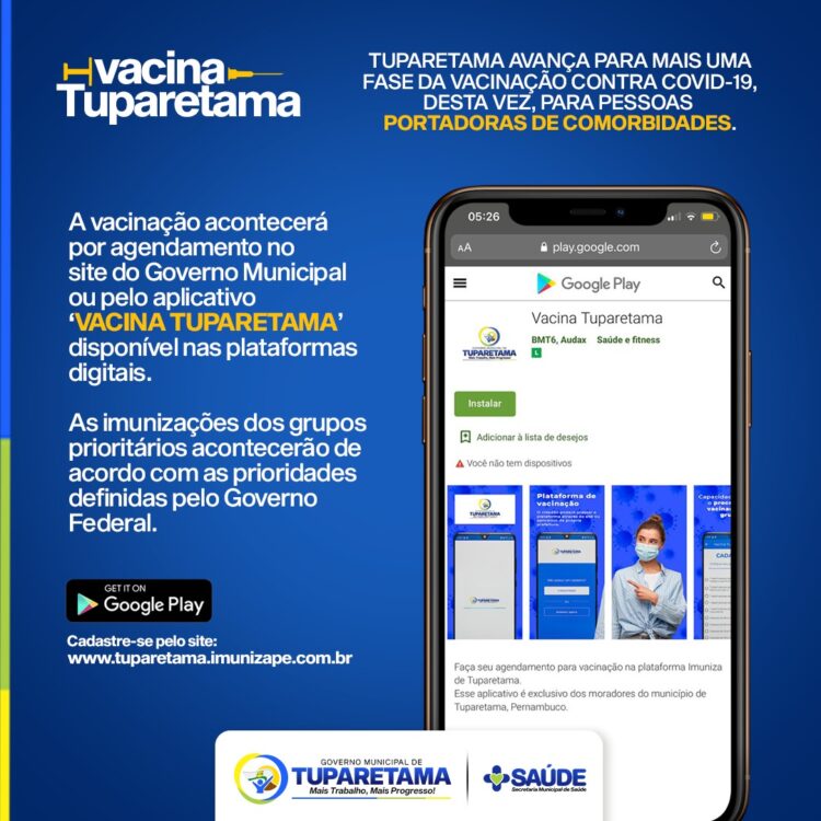 Tuparetama iniciará vacinação para portadores de comorbidades através de agendamento pelo aplicativo “VACINA TUPARETAMA”