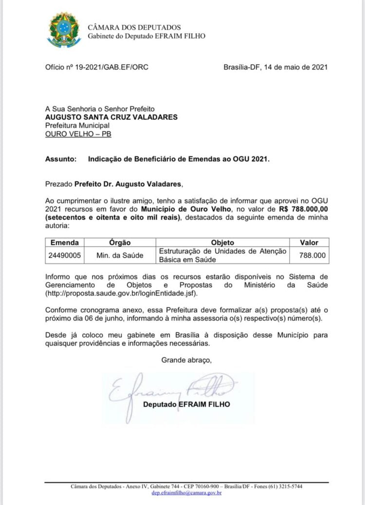 Prefeito de Ouro Velho Dr. Augusto Valadares garante R$ 788.000,00 mil reais para UBS no município