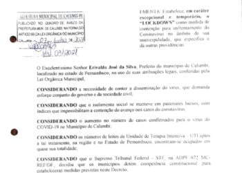 Prefeito de Calumbi decreta lockdown