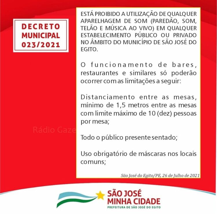 Prefeitura de SJE emite decreto e proíbe música ao vivo e aparelhagem de som em estabelecimento