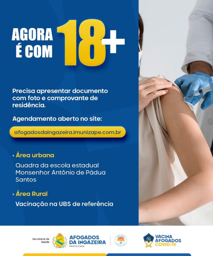 Prefeitura de Afogados abre novo agendamento para vacinação de pessoas com 18 anos ou mais