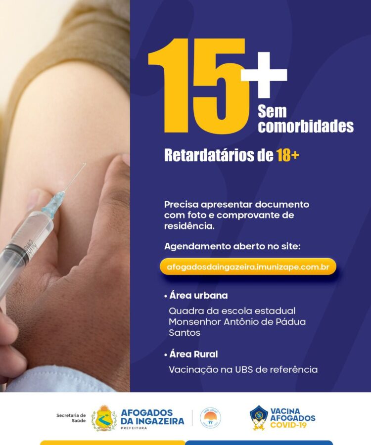 Prefeitura de Afogados abre agendamento para vacinação de pessoas com 15 anos ou mais e antecipa segunda dose da Pfizer