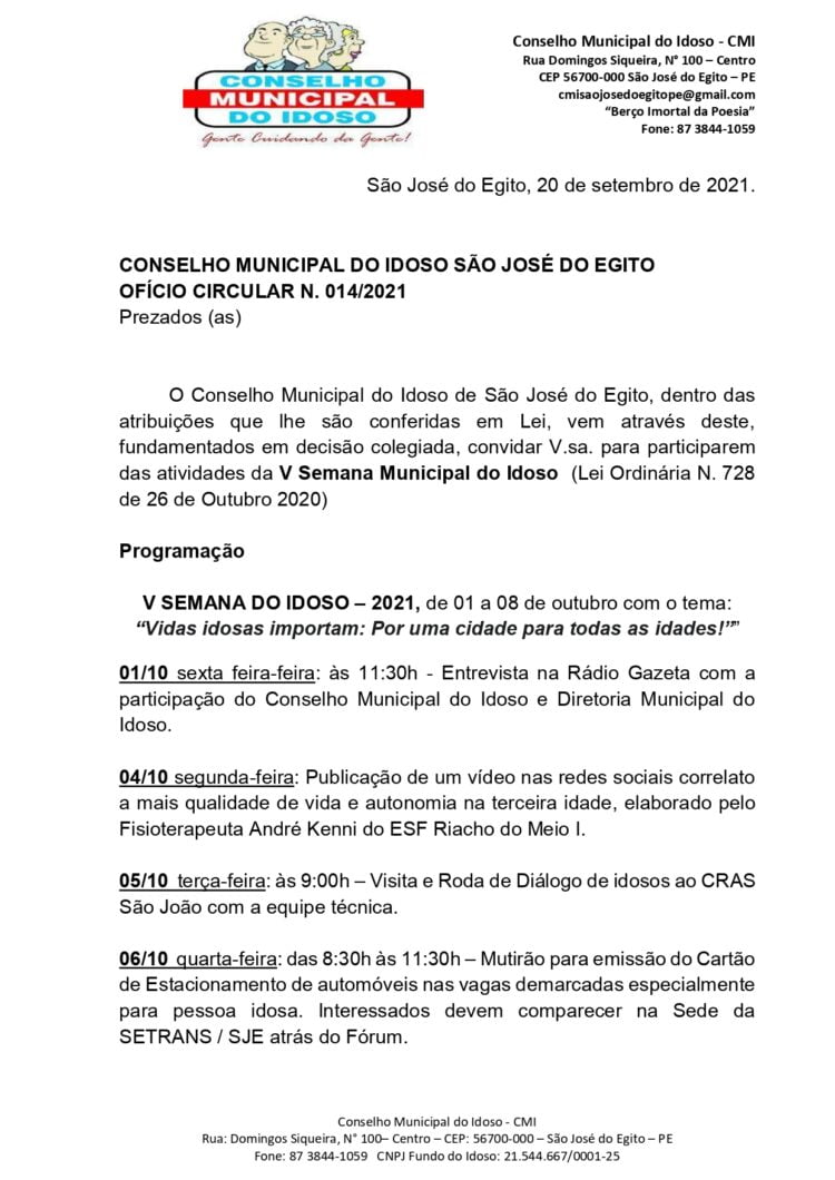 Confira Programação da Semana Municipal do Idoso de São José do Egito