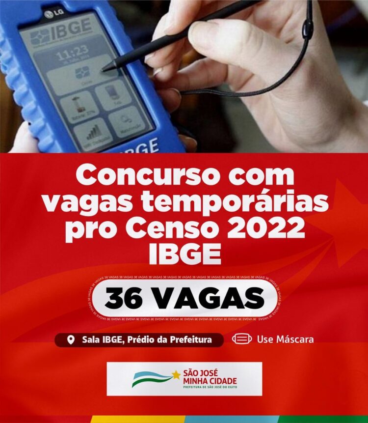 Concurso com vagas temporárias pro Censo 2022 IBGE – 36 vagas para São José do Egito.