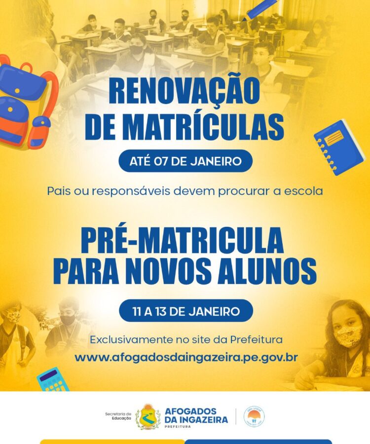 Matrículas para novos alunos será a partir de 11 de janeiro em Afogados