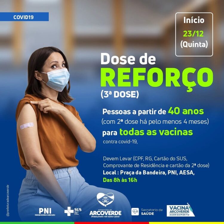Arcoverde abre etapa de dose de reforço para 40 anos ou mais, em todas as vacinas contra a Covid-19