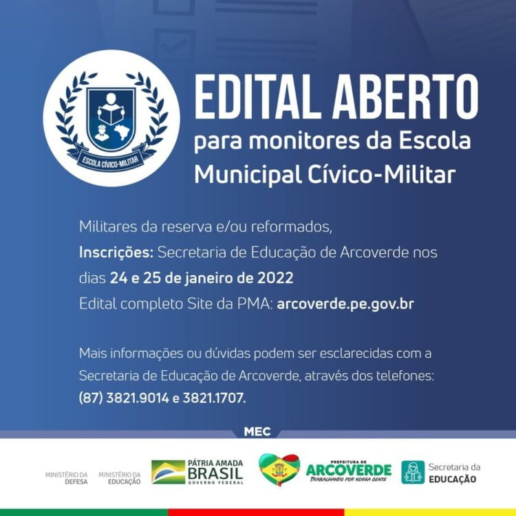 Arcoverde lança Edital para monitores da Escola Municipal Cívico-Militar