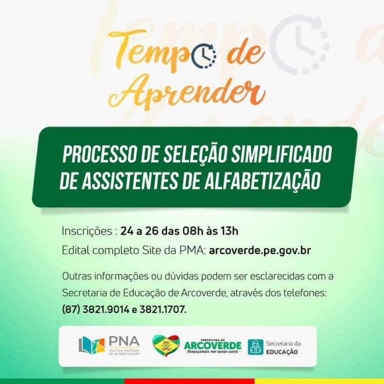 Educação de Arcoverde abre Processo de Seleção Simplificado para Assistentes de Alfabetização e cadastro de reserva do Programa Tempo de Aprender