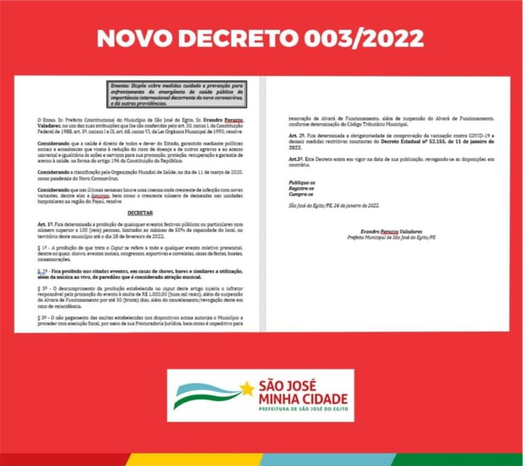 Novo decreto proíbe eventos com som para evitar aglomeração em São José do Egito