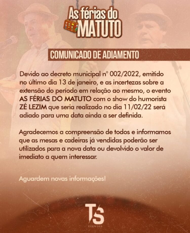 Afogados: Show de Zé Lezin é adiado