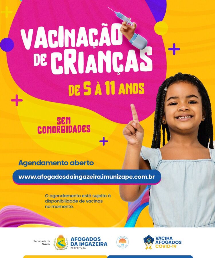Vacinação de crianças: Prefeitura de Afogados abre agendamento para crianças de 5 à 11 anos sem comorbidades
