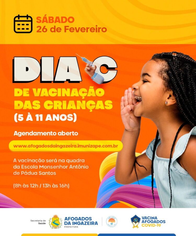 Prefeitura de Afogados vai promover mutirão de vacinação de crianças no próximo sábado (26). O agendamento já está aberto.