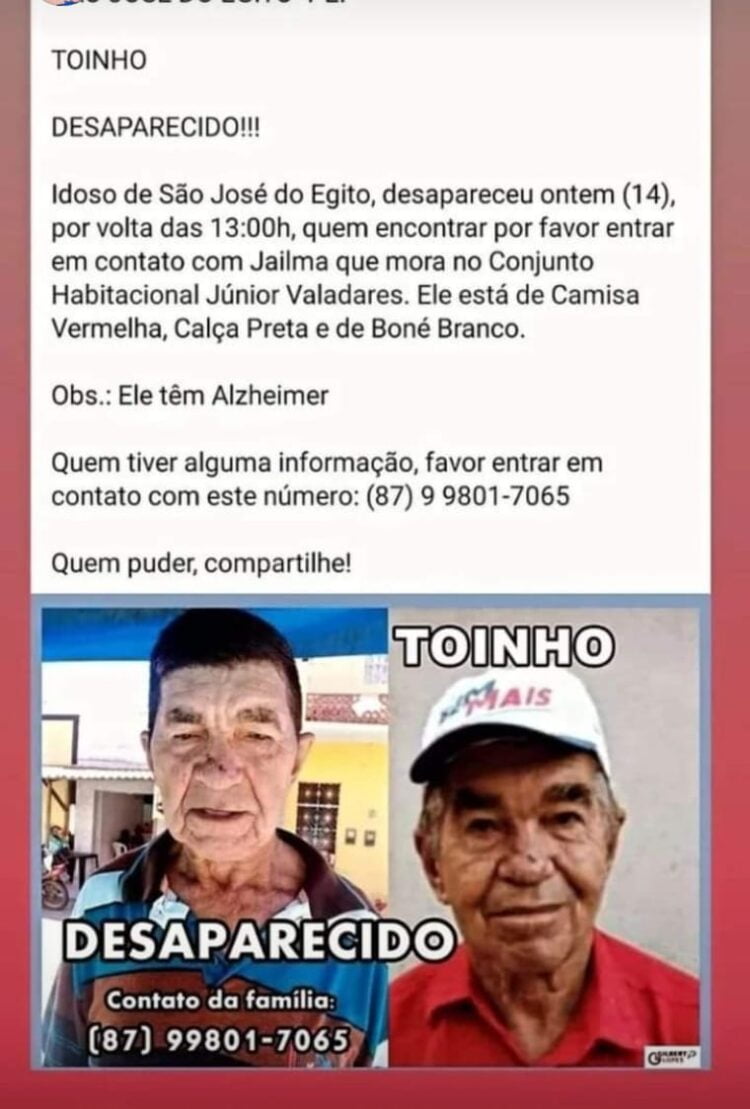 Idoso desaparece em São José do Egito