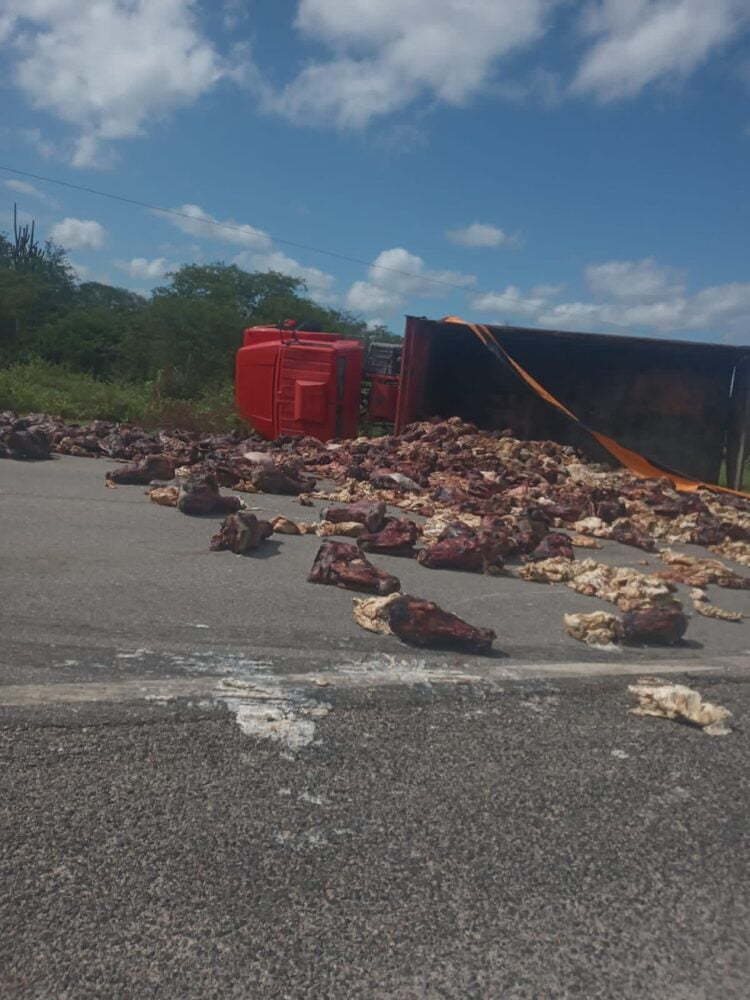 Caminhão com cabeças de boi tomba e carga se espalha na rodovia em Ibimirim