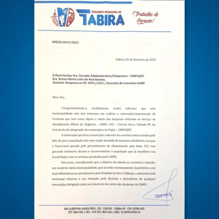 Prefeitura de Tabira rescinde convênio com o SAMU