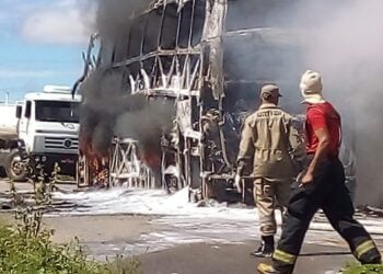 Ônibus que seguia de SP para Itapetim pega fogo na PE-320 entre Flores e Calumbi, confira imagens