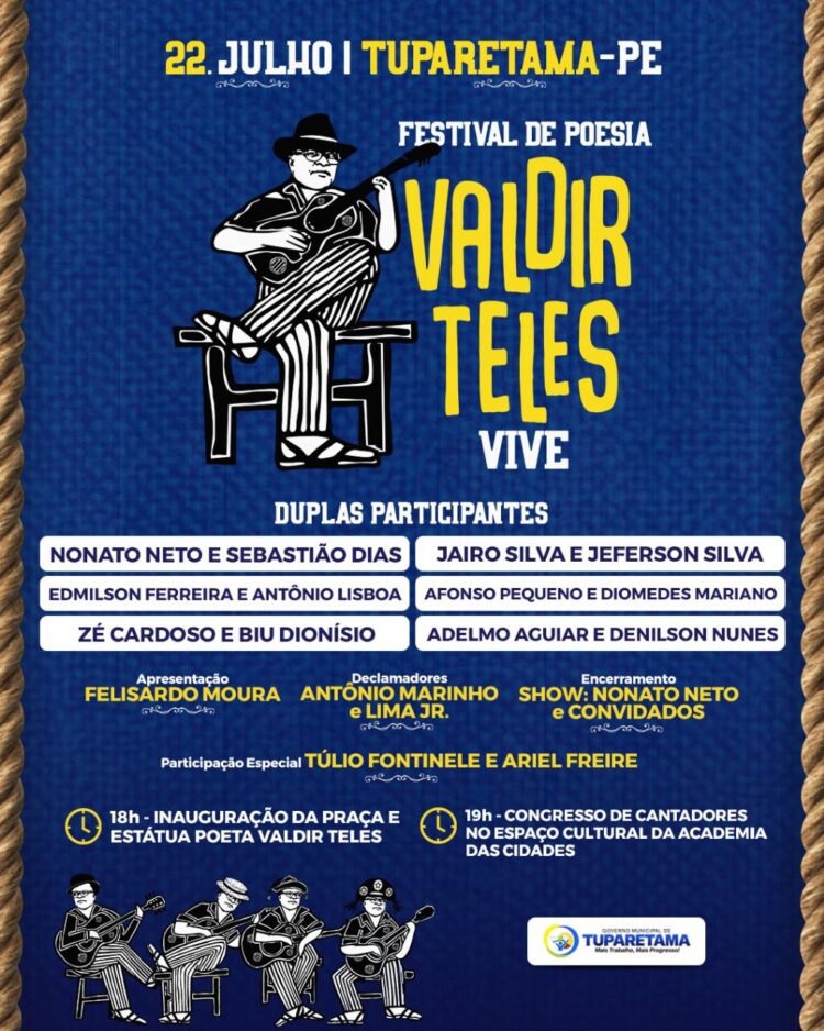 Com inauguração de estátua e festival de poesia, Tuparetama vai reunir poetas e repentistas para homenagear o Poeta Valdir Teles, Patrono do Repente e da Cantoria em Pernambuco.