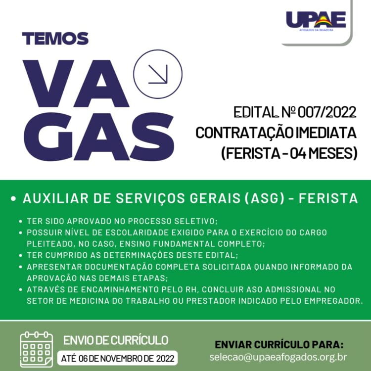UPAE de Afogados da Ingazeira abre processo seletivo para auxiliar de serviços gerais