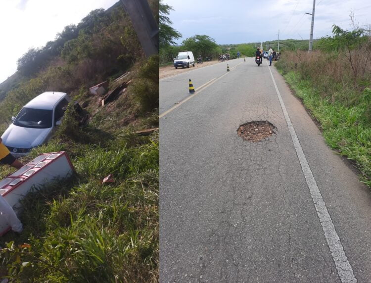 Buraco provoca acidente na PE-320, entre Afogados e Carnaíba.