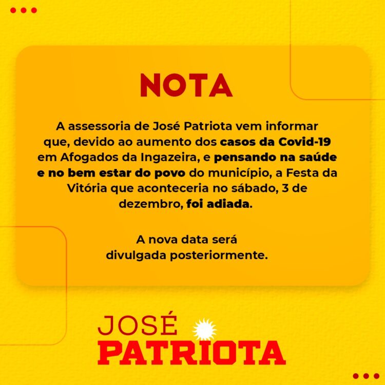 Devido a Covid-19, Festa da Vitória de José Patriota é adiada