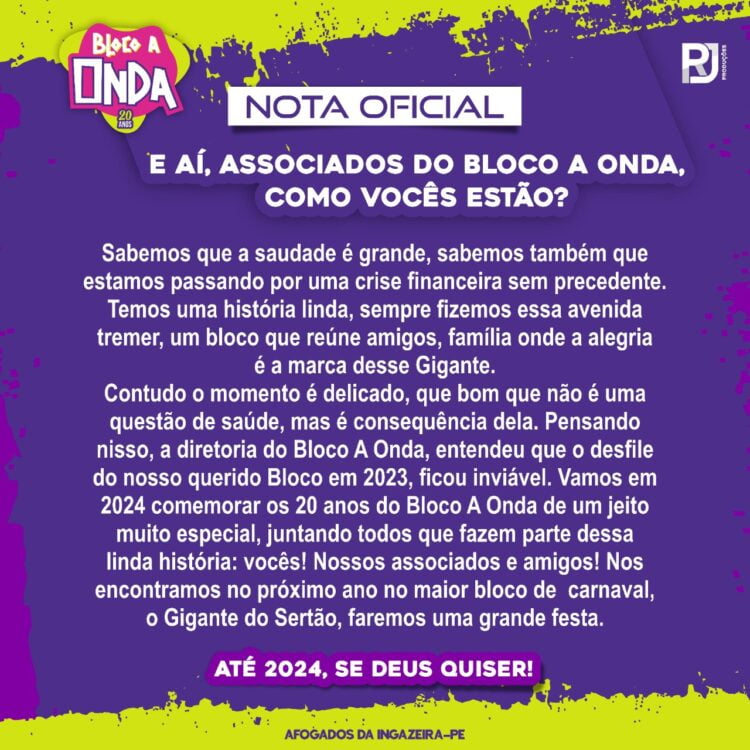 Cancelamento do desfile do bloco A Onda deve causar mudanças na programação do carnaval de Afogados da Ingazeira