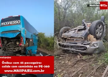 Ônibus com 45 passageiros colide com caminhão na PE-360