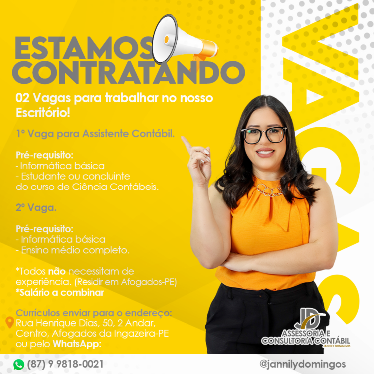 02 vagas para assistente contábil em Afogados, confira