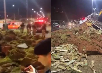 VÍDEO: Caminhão que transportava uma tonelada de maconha tomba em frente a batalhão policial