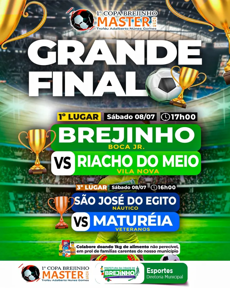Prefeitura de Brejinho realizará Grande Final da Copa Brejinho Master com o jogo: Brejinho x Riacho do Meio