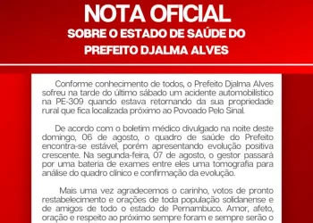 Prefeitura de Solidão emite nota oficial sobre estado de saúde do prefeito Djalma Alves