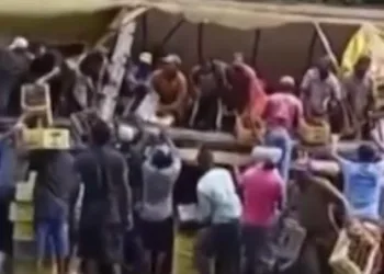 VÍDEO: Carreta que transportava cerveja tomba e populares se aproveitam para garantir a ‘gelada’ do fim de semana