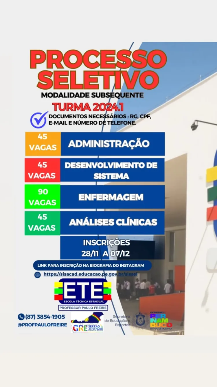 Em Carnaiba, ETE Paulo Freire abre inscrições para cursos técnicos