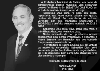 Prefeitura de Tabira emite nota de pesar pela morte de Sebastião Dias