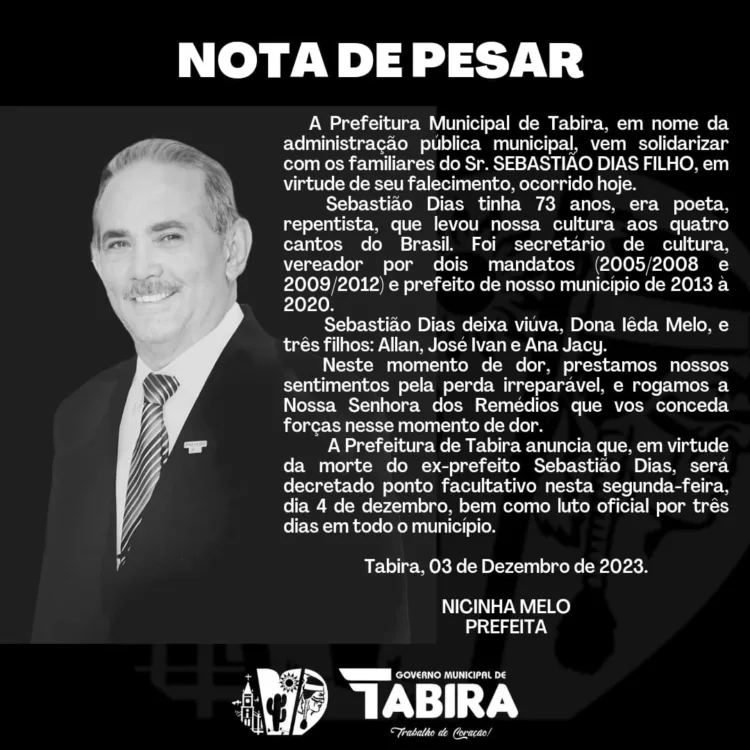 Prefeitura de Tabira emite nota de pesar pela morte de Sebastião Dias