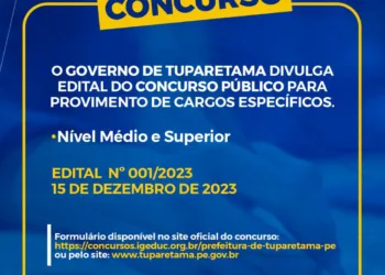 Tuparetama abre inscrições para concurso público com vagas em nível médio, superior e professores