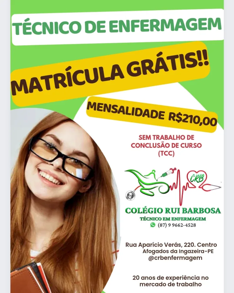 Escola técnica de enfermagem CRB (Colégio Rui Barbosa) está com matrículas abertas e grátis