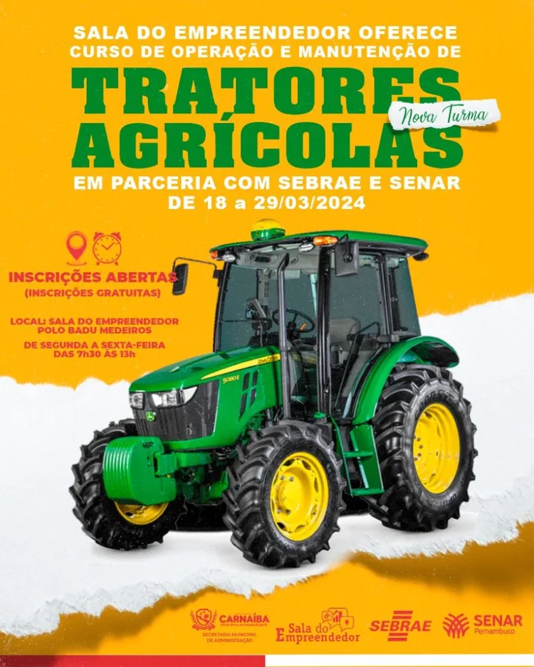 Inscrições abertas para o curso de operação e manutenção de tratores agrícolas em Carnaíba