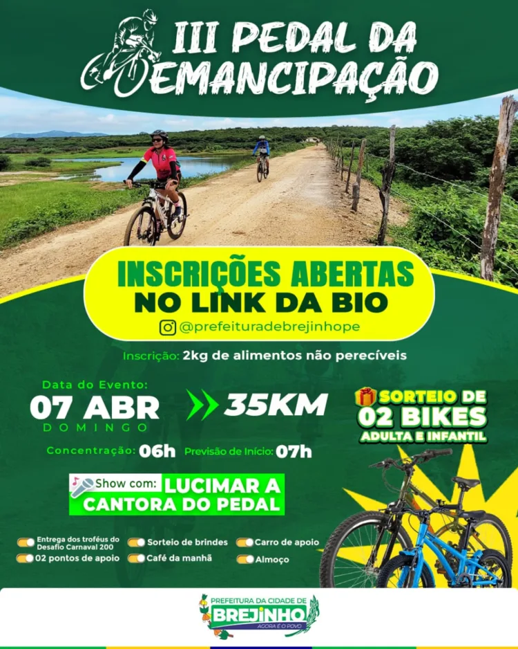 Abertas as inscrições para o 3° Pedal da Emancipação em Brejinho-PE