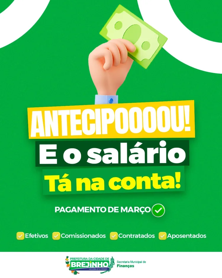 Prefeitura de Brejinho antecipa pagamento para servidores municipais