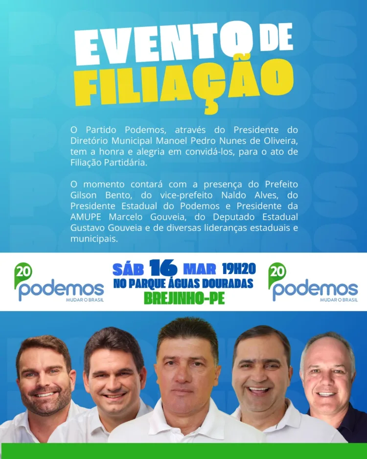 Grande evento de filiação aos partidos Republicanos 10 e Podemos 20 ocorrerá em Brejinho