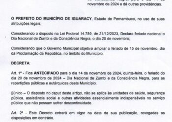 Prefeito de Iguaracy Zeinha Torres antecipará feriado do dia Nacional de Zumbi e da Consciência Negra